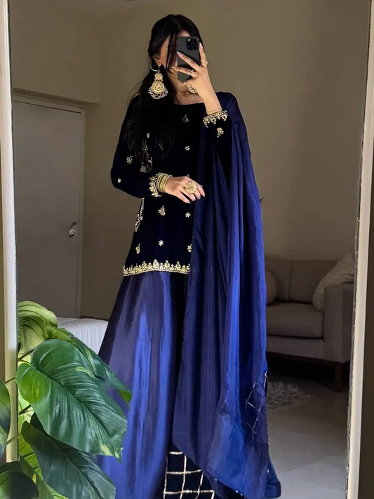 RICH LOOK VELVET SEQUENCE EMBROIDERY WORK TOP PALAZZO WITH DUPATTA BLUE IN XL