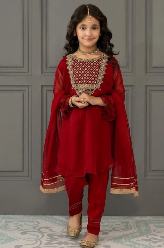 Designer Kids Girls Dress with Dupatta Fancy Red Party Wear Bollywood New Indian
