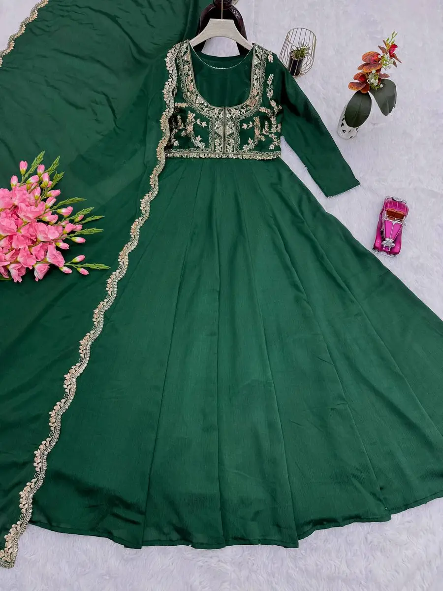 MODERN CHINON SILK EMBROIDERY SEQUENCE WORK GOWN KOTI WITH DUPATTA GREEN