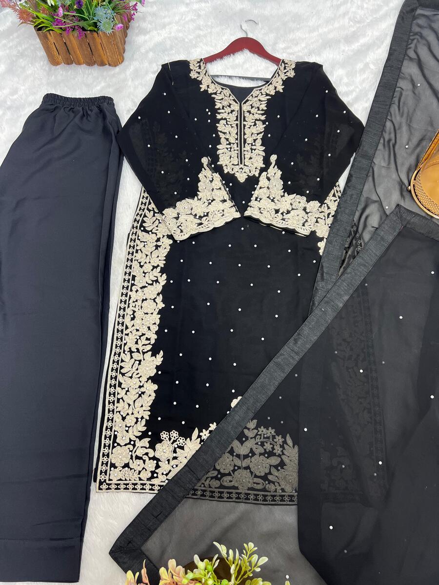 LATEST FAUX GEORGETTE EMBROIDERY AND RIVETED MOTI WORK TOP BOTTOM WITH DUPATTA BLACK