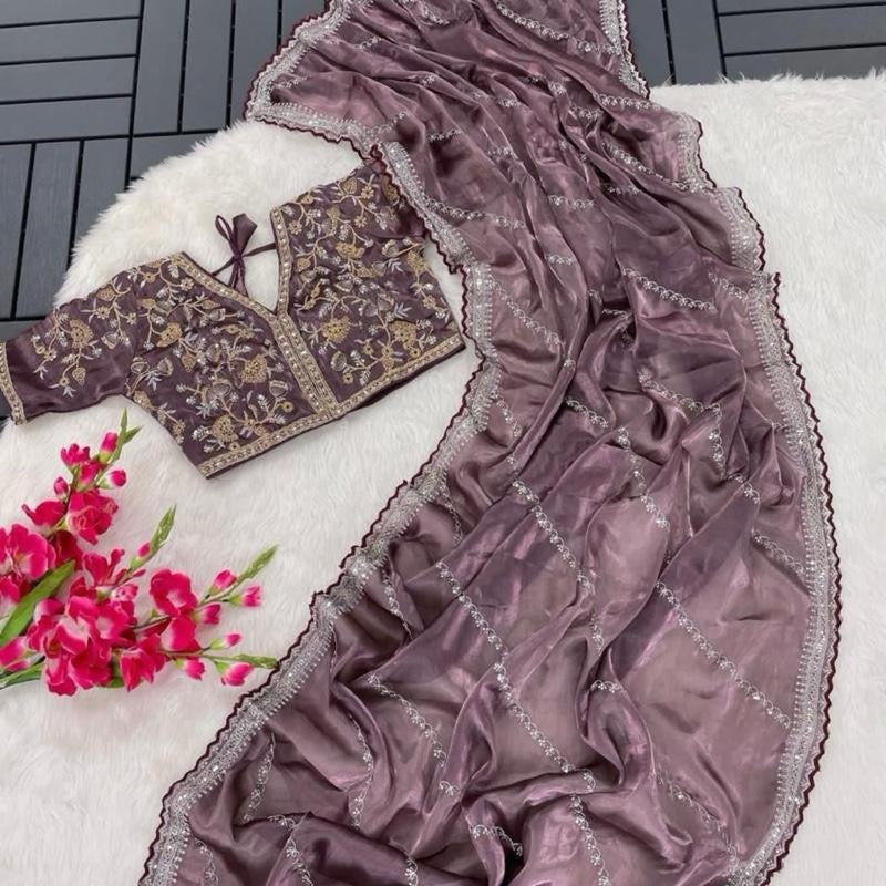 PARTY WEAR HIGH END SILK SEQUENCE WORK SAREE WITH  READY MADE BLOUSE up to 42”