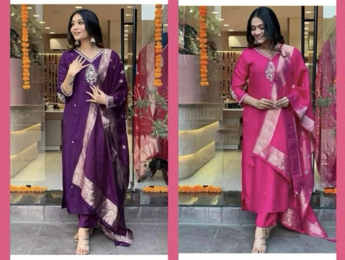 INDIAN GORGEOUS CHANDERI SILK EMBROIDERY WORK TOP BOTTOM WITH DUPATTA SIZE 40