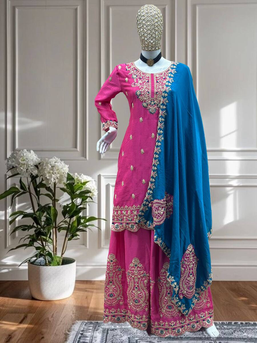 MODERN CHINON EMBROIDERY SEQUENCE CODING DESIGN WORK TOP PALAZZO WITH DUPATTA IN XL