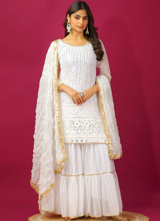 FANCY GEORGETTE EMBROIDERY SEQUENCE MOTI LACE WORK TOP SHARARA WITH DUPATTA