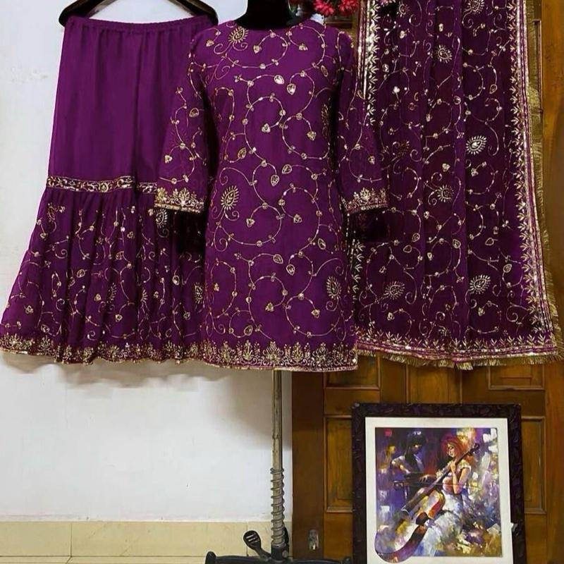 TRENDING GEORGETTE EMBROIDERY SEQUENCE WORK TOP SHARARA WITH DUPATTA Womenswear