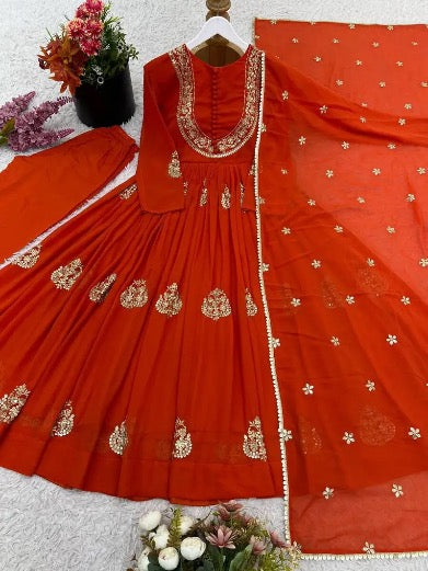 DESIGNER GEORGETTE EMBROIDERY WORK GOWN BOTTOM WITH DUPATTA ORANGE