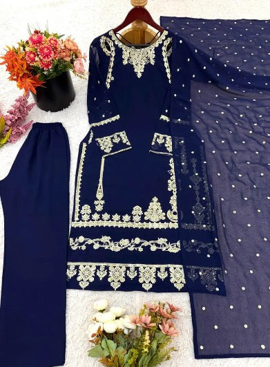 MODERN GEORGETTE EMBROIDERY SEQUENCE WORK TOP BOTTOM WITH DUPATTA BLUE