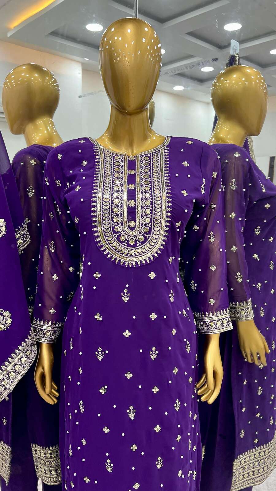 DESIGNER GEORGETTE EMBROIDERY SEQUENCE MOTI WORK TOP BOTTOM WITH DUPATTA PURPLE