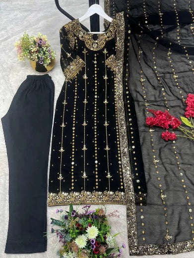 RICH LOOK GEORGETTE EMBROIDERY AND SEQUENCE WORK WITH LACE BORDER WORK TOP BOTTOM WITH DUPATTA BLACK