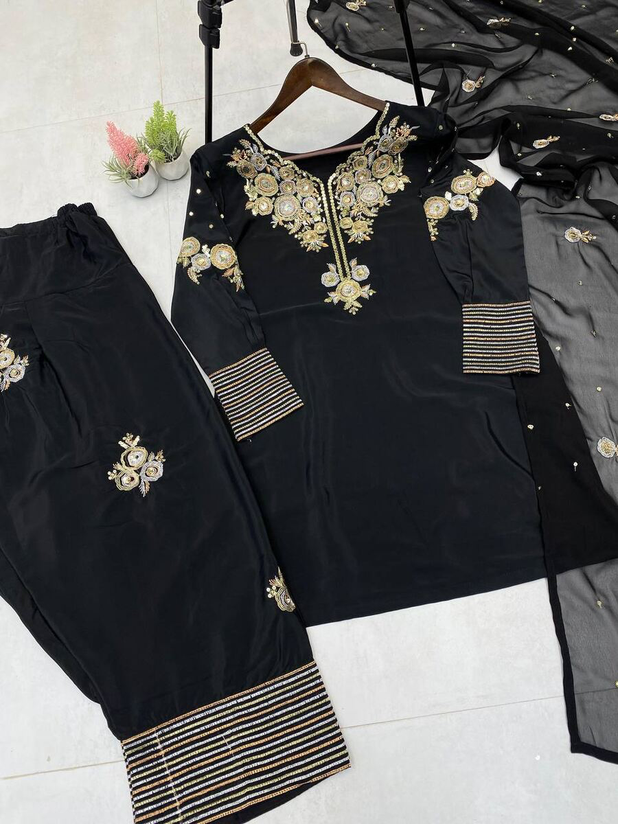 LATEST CREPE SILK SEQUENCE EMBROIDERY WORK TOP PATIYALA WITH DUPATTA BLACK