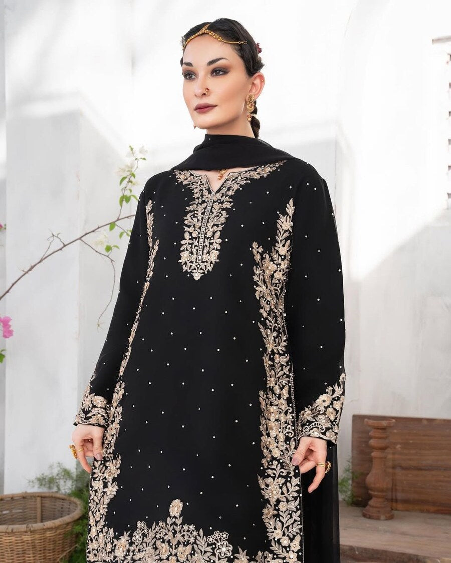 LATEST FAUX GEORGETTE EMBROIDERY AND RIVETED MOTI WORK TOP BOTTOM WITH DUPATTA BLACK