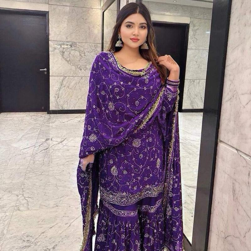 TRENDING GEORGETTE EMBROIDERY SEQUENCE WORK TOP SHARARA WITH DUPATTA Womenswear