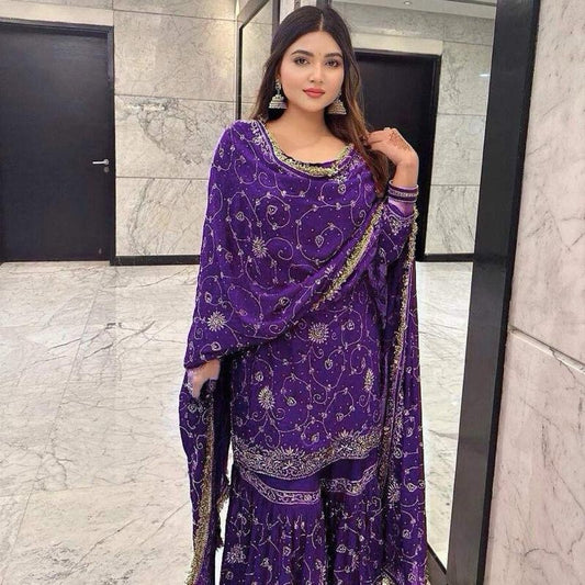 TRENDING GEORGETTE EMBROIDERY SEQUENCE WORK TOP SHARARA WITH DUPATTA Womenswear