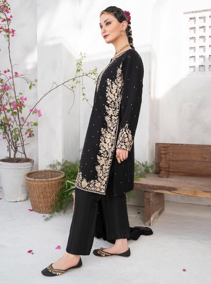 LATEST FAUX GEORGETTE EMBROIDERY AND RIVETED MOTI WORK TOP BOTTOM WITH DUPATTA BLACK