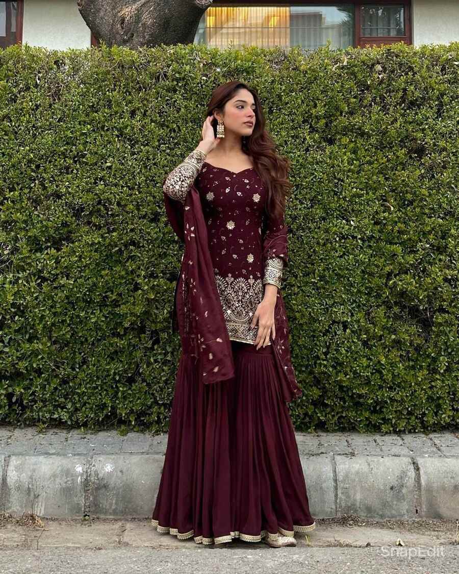 ATTRACTIVE CHINON SILK SEQUENCE EMBROIDERY WORK TOP SHARARA WITH DUPATTA MAROON