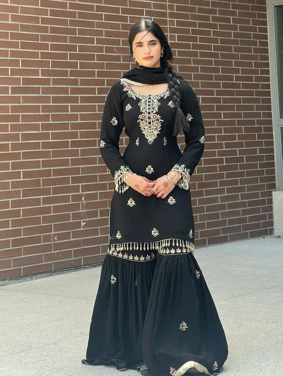 ATTRACTIVE CHINON SILK EMBROIDERY SEQUENCE WORK TOP SHARARA WITH DUPATTA BLACK