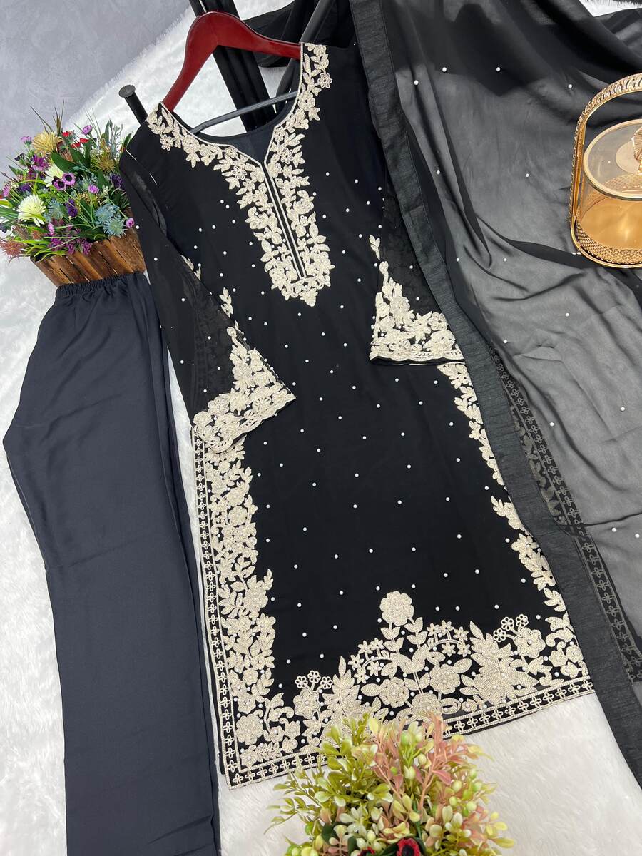 LATEST FAUX GEORGETTE EMBROIDERY AND RIVETED MOTI WORK TOP BOTTOM WITH DUPATTA BLACK