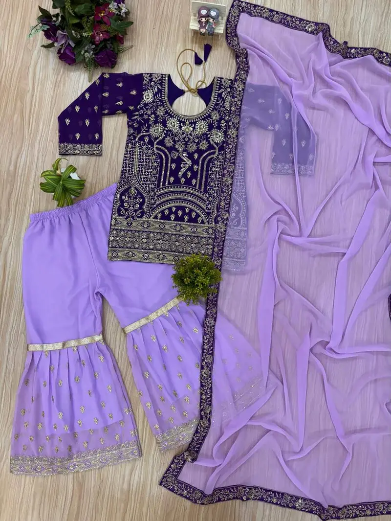 RICH LOOK GEORGETTE EMBROIDERY WORK TOP SHARARA WITH DUPATTA PURPLE