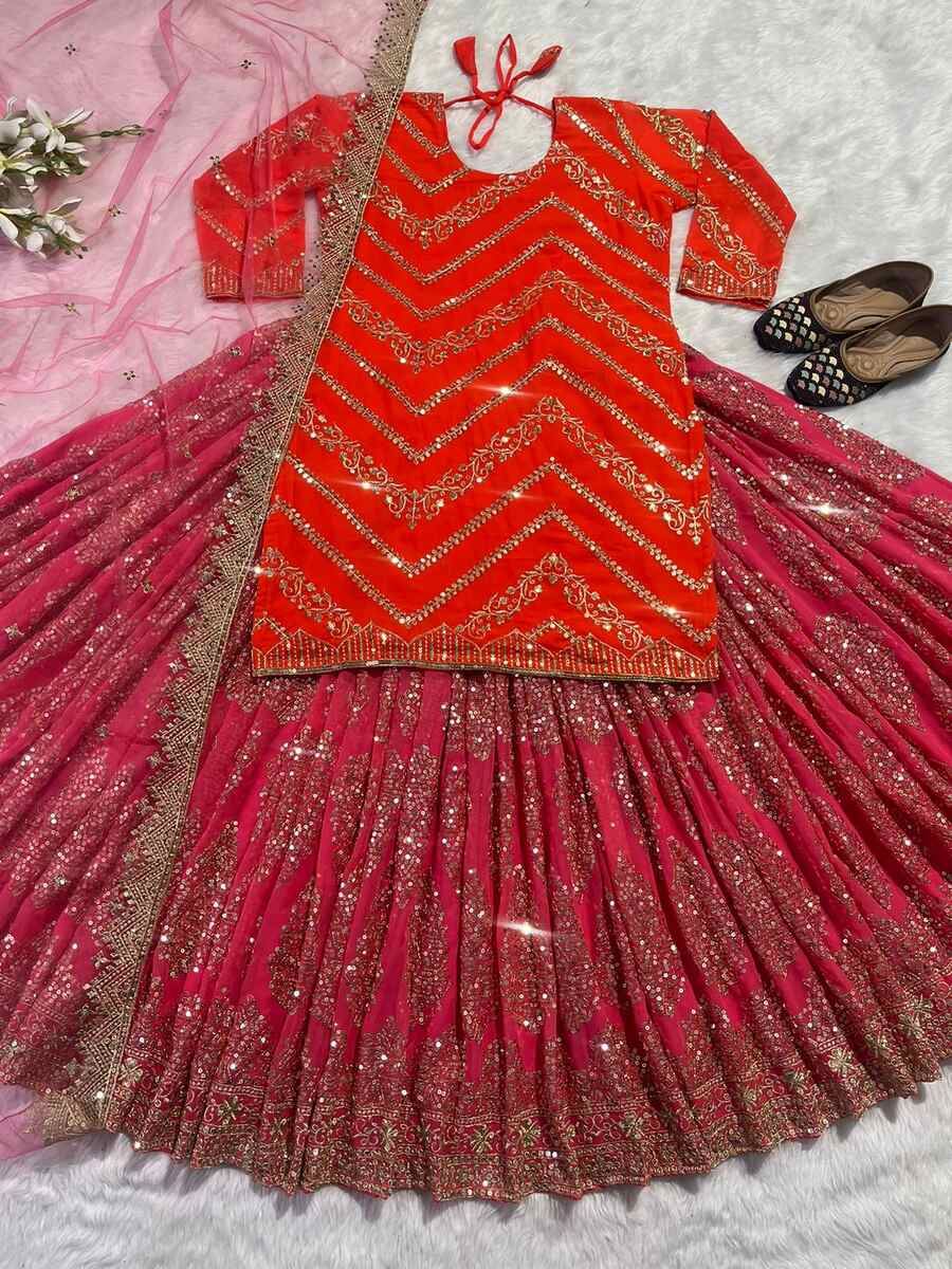 PARTY WEAR GEORGETTE EMBROIDERY SEQUENCE WORK LEHENGA TOP WITH DUPATTA ORANGE