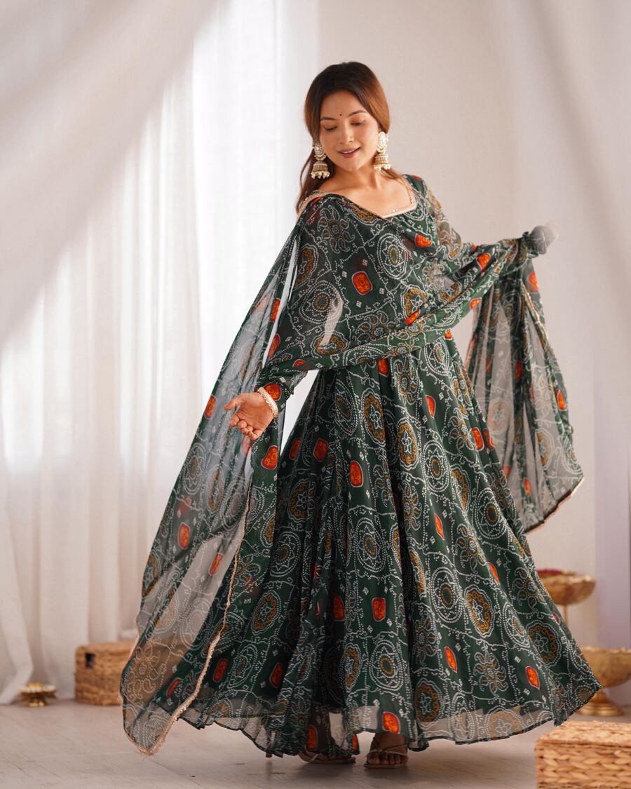 FANCY CHIFFON BANDHEJ PRINTED LACE WORK GOWN BOTTOM WITH DUPATTA