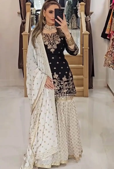 DESIGNER GEORGETTE EMBROIDERY SEQUENCE WORK TOP SHARARA WITH DUPATTA BLACK IN SIZE XL