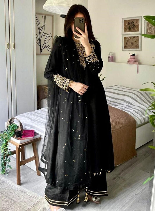 FASHIONABLE CHINON SILK EMBROIDERY SEQUENCE WORK TOP PALAZZO WITH DUPATTA BLACK