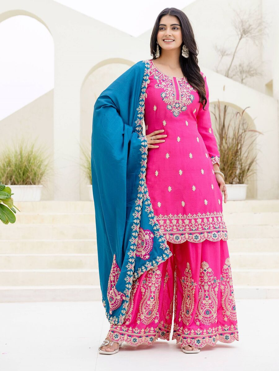 MODERN CHINON EMBROIDERY SEQUENCE CODING DESIGN WORK TOP PALAZZO WITH DUPATTA IN XL