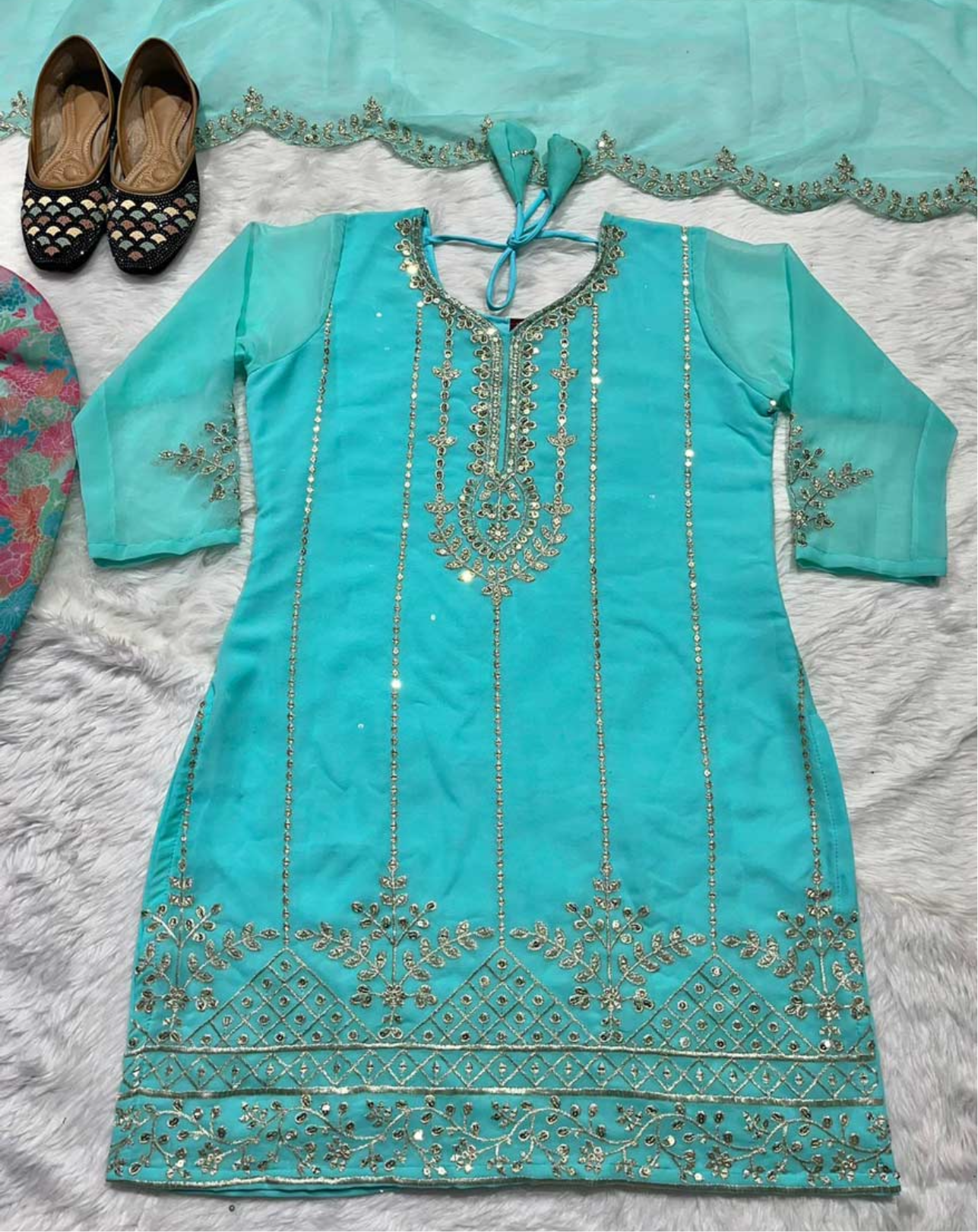 PARTY WEAR GEORGETTE SEQUENCE EMBROIDERY WORK TOP DHOTI WITH DUPATTA