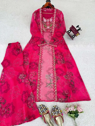 MODERN TABBY SILK THREAD WITH SEQUENCE WORK AND DIGITAL PRINT WORK BLOUSE SHARARA WITH SHRUG PINK IN SIZE XL
