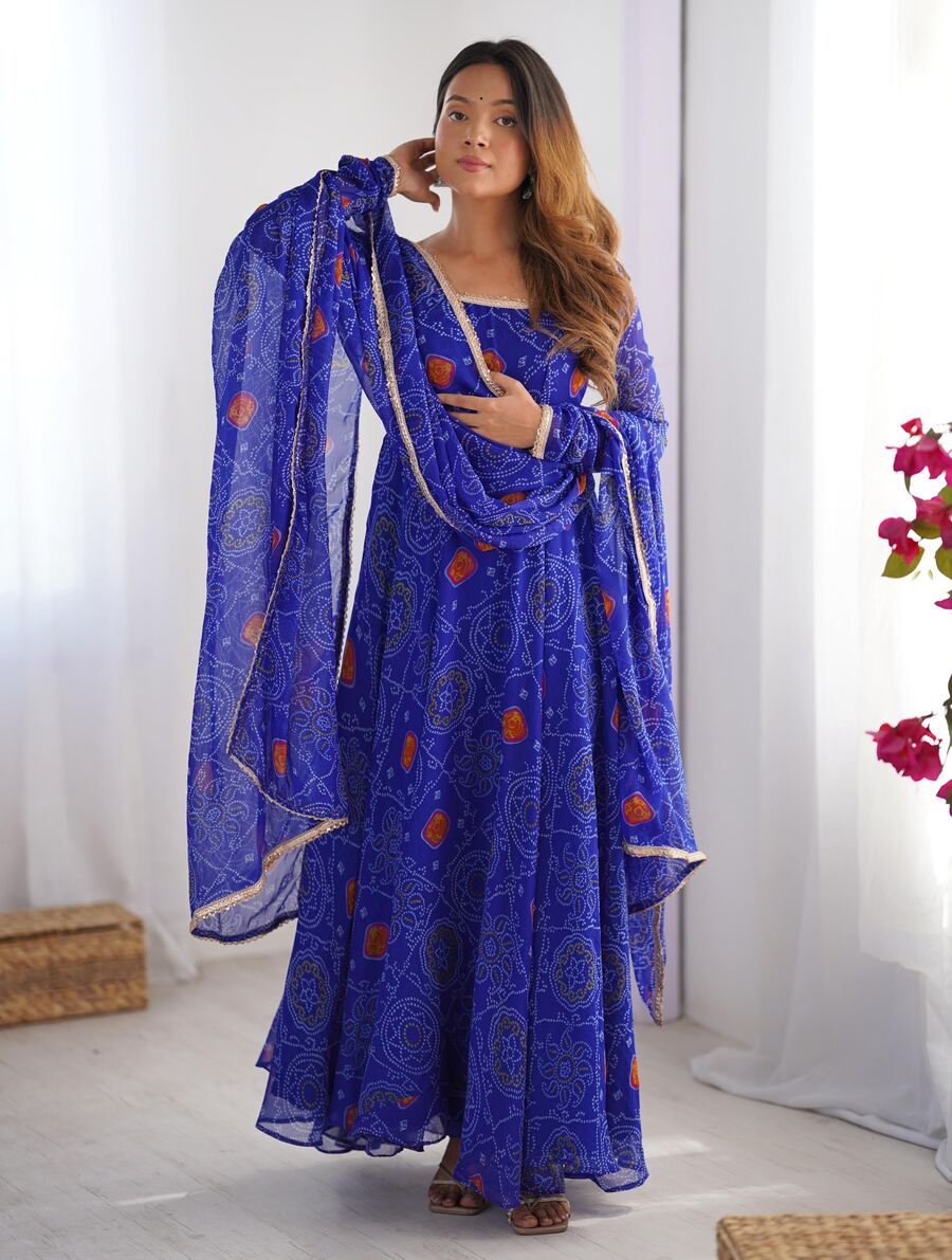 FANCY CHIFFON BANDHEJ PRINTED LACE WORK GOWN BOTTOM WITH DUPATTA