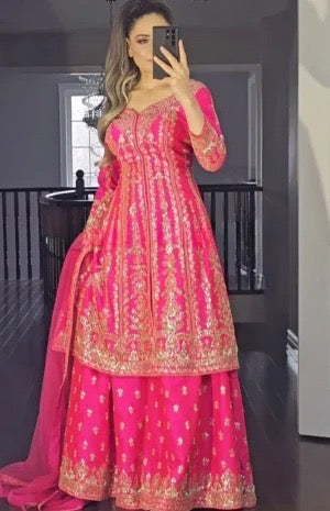 FANCY MALAI SATIN SILK EMBROIDERY SEQUENCE WORK TOP PALAZZO WITH DUPATTA PINK