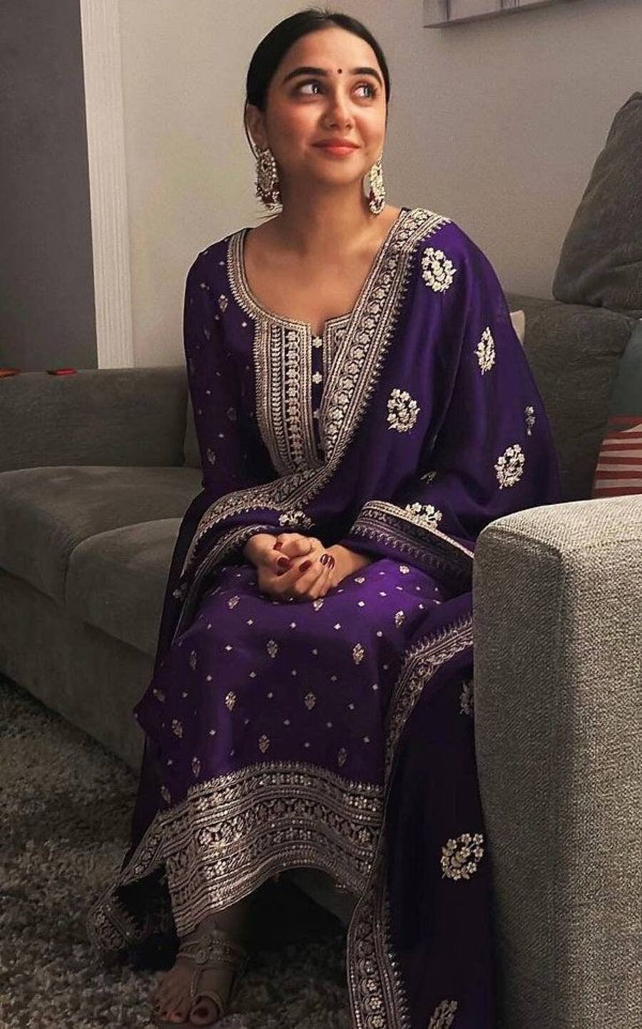 DESIGNER GEORGETTE EMBROIDERY SEQUENCE MOTI WORK TOP BOTTOM WITH DUPATTA PURPLE