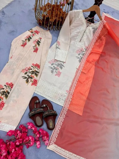 DESIGNER CHIFFON GEORGETTE DIGITAL PRINT WITH HEAVY EMBROIDERY WORK TOP PATIYALA WITH DUPATTA OFF WHITE IN LARGE