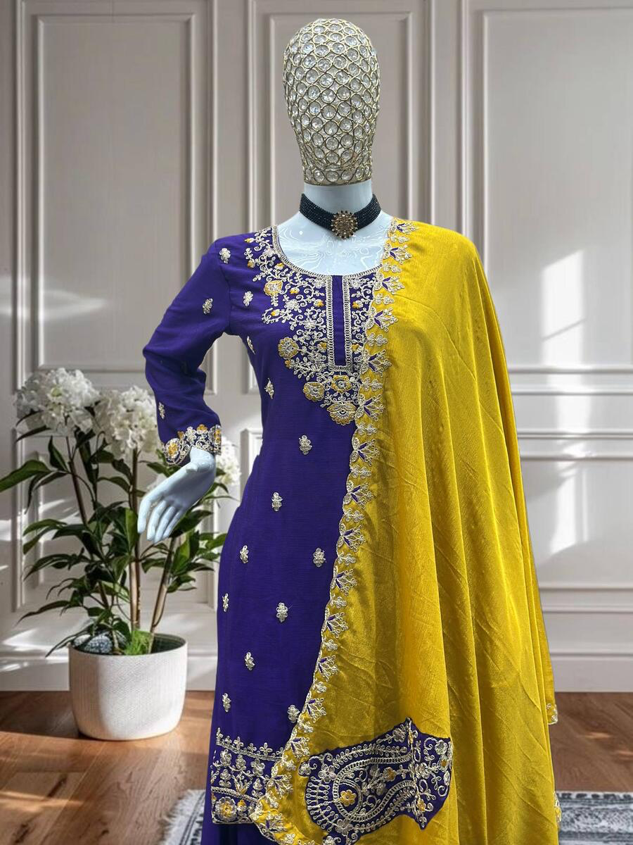 MODERN CHINON EMBROIDERY SEQUENCE CODING DESIGN WORK TOP PALAZZO WITH DUPATTA IN XL
