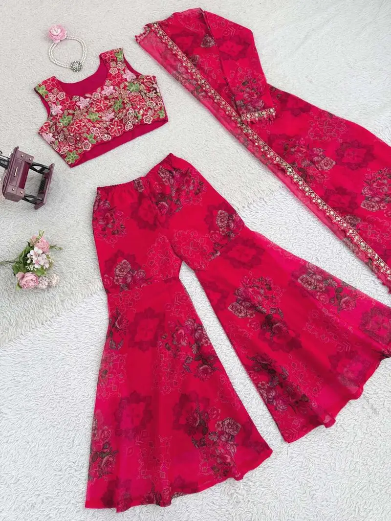 MODERN TABBY SILK THREAD WITH SEQUENCE WORK AND DIGITAL PRINT WORK BLOUSE SHARARA WITH SHRUG PINK IN SIZE XL