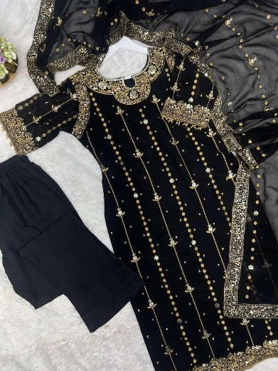 RICH LOOK GEORGETTE EMBROIDERY AND SEQUENCE WORK WITH LACE BORDER WORK TOP BOTTOM WITH DUPATTA BLACK