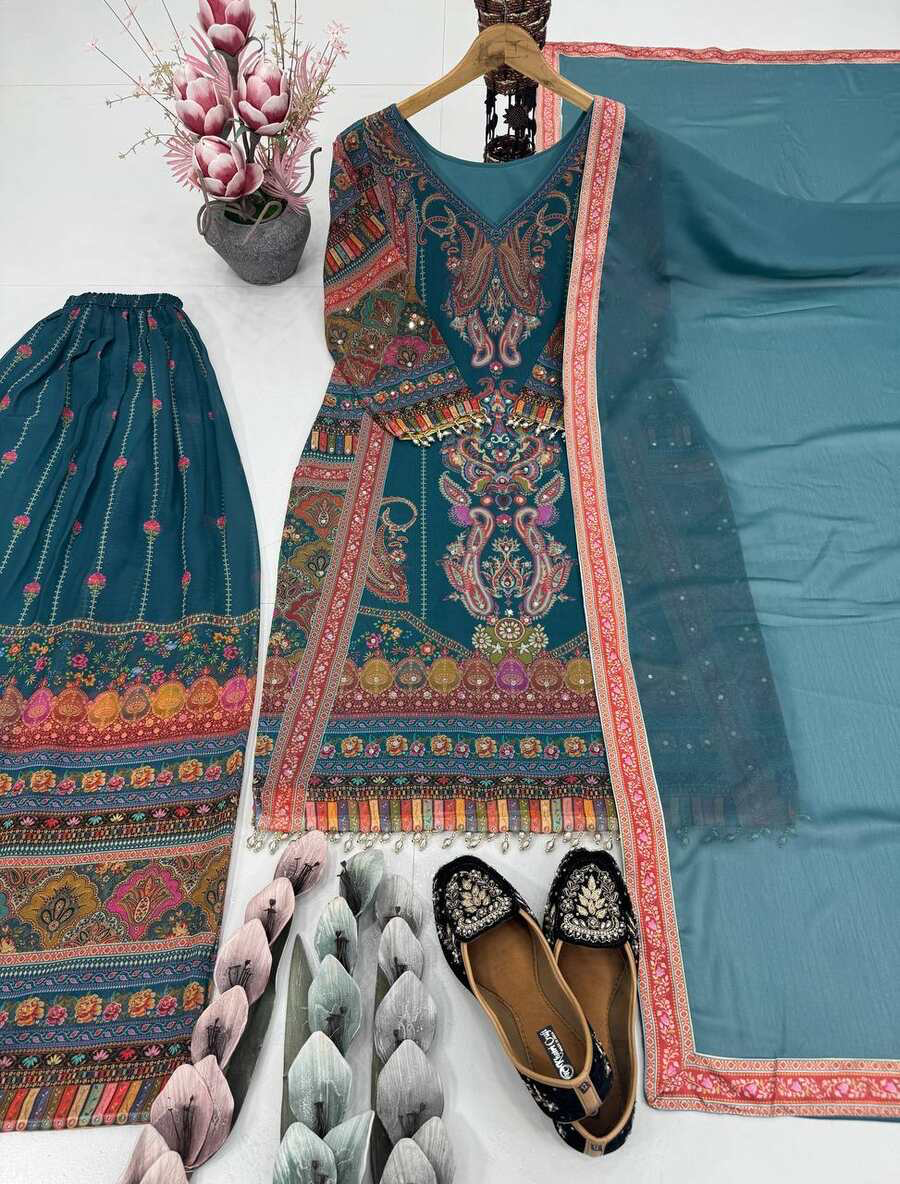 TRENDING GEORGETTE DIGITAL PRINT WITH REAL MIRROR HAND WORK AND FANCY LACE WORK TOP PALAZZO WITH DUPATTA RAMA
