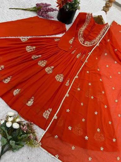 DESIGNER GEORGETTE EMBROIDERY WORK GOWN BOTTOM WITH DUPATTA ORANGE
