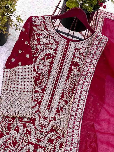 DESIGNER GEORGETTE CHAIN STITCH EMBROIDERY SEQUENCE WITH BEADS WORK TOP PALAZZO WITH DUPATTA PINK SIZE XL