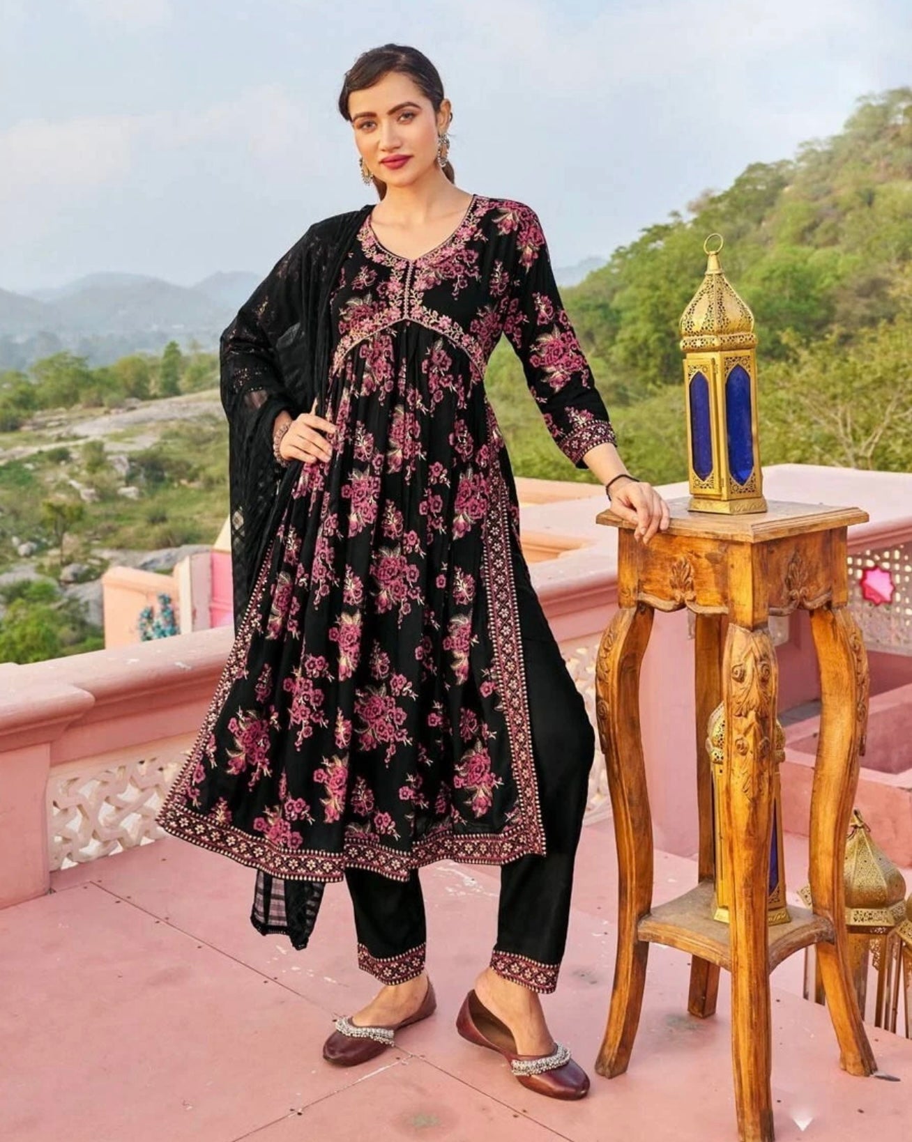 Final Clarence FASHIONABLE 14 KG RAYON WITH FOIL PRINT WORK ALIA CUT TOP PANT WITH DUPATTA IN L