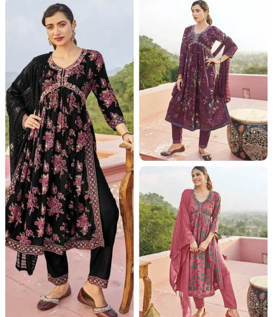 Final Clarence FASHIONABLE 14 KG RAYON WITH FOIL PRINT WORK ALIA CUT TOP PANT WITH DUPATTA IN L