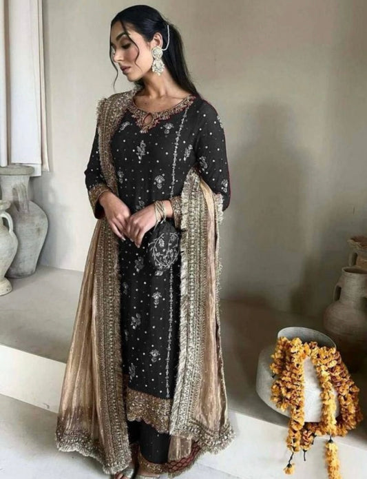 DESIGNER FAUX GEORGETTE EMBROIDERY SEQUENCE WORK TOP PALAZZO WITH DUPATT