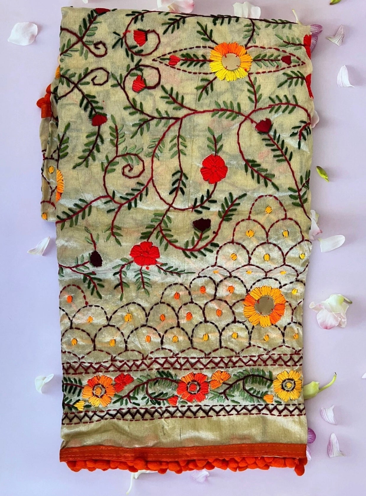 Beautiful Indain Mix Silk Route Handmade Phulkari Dupatta Embroidered Chanderi Scarf