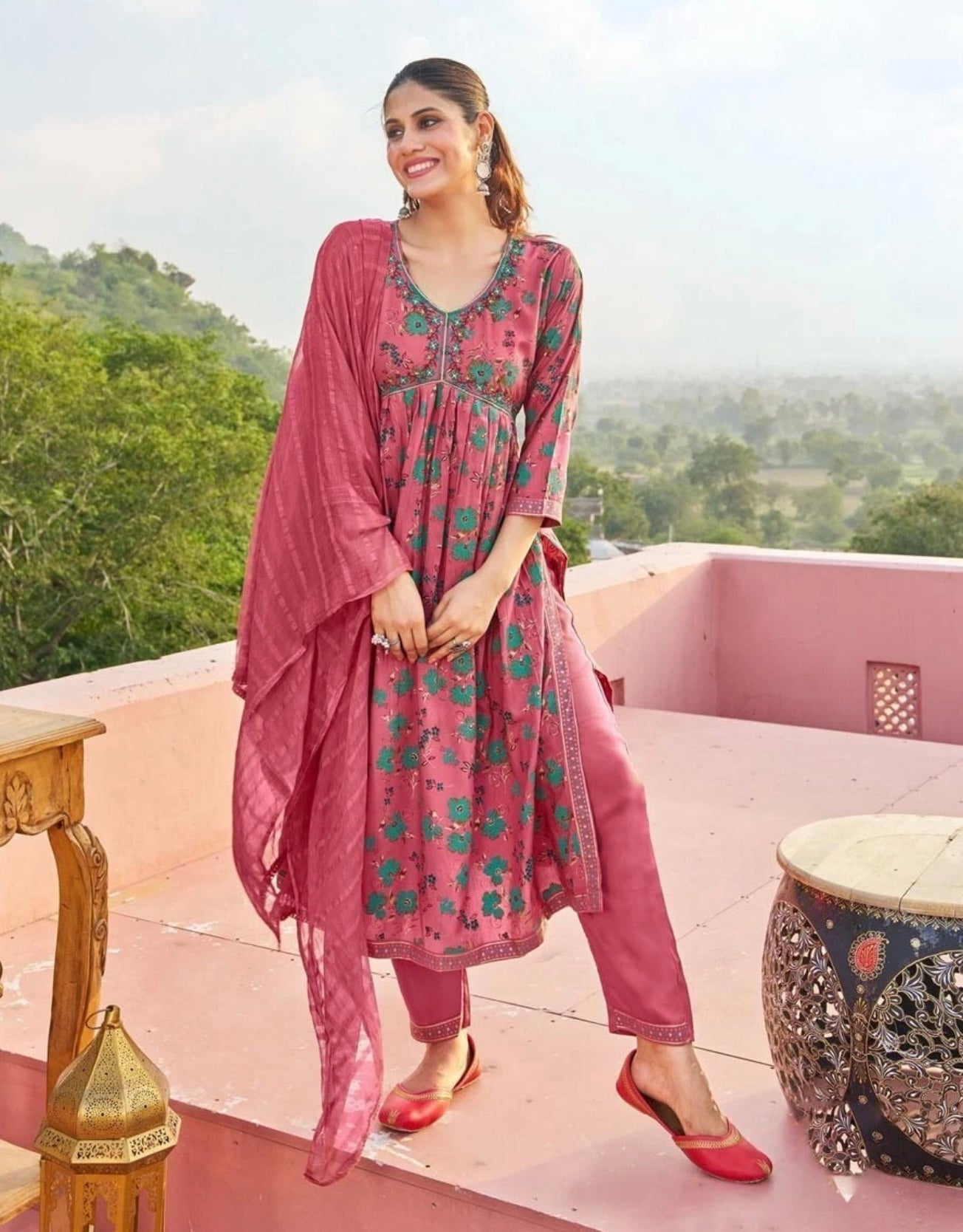 Final Clarence FASHIONABLE 14 KG RAYON WITH FOIL PRINT WORK ALIA CUT TOP PANT WITH DUPATTA IN L