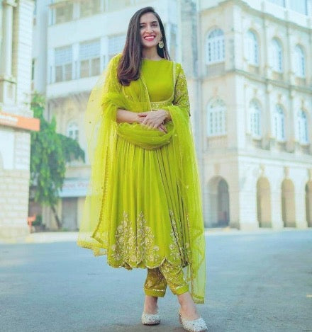 ATTRACTIVE GEORGETTE EMBROIDERY WORK GOWN BOTTOM WITH DUPATTA PARROT GREEN IN SIZE L-40