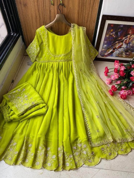 ATTRACTIVE GEORGETTE EMBROIDERY WORK GOWN BOTTOM WITH DUPATTA PARROT GREEN IN SIZE L-40