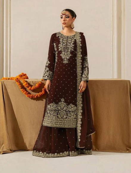 DESIGNER GEORGETTE CODING AND SEQUENCE WITH RIVET MOTI WORK TOP PALAZZO WITH DUPATTA BROWN