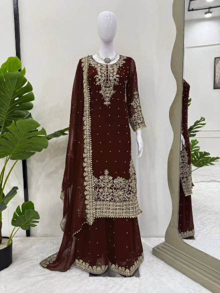 DESIGNER GEORGETTE CODING AND SEQUENCE WITH RIVET MOTI WORK TOP PALAZZO WITH DUPATTA