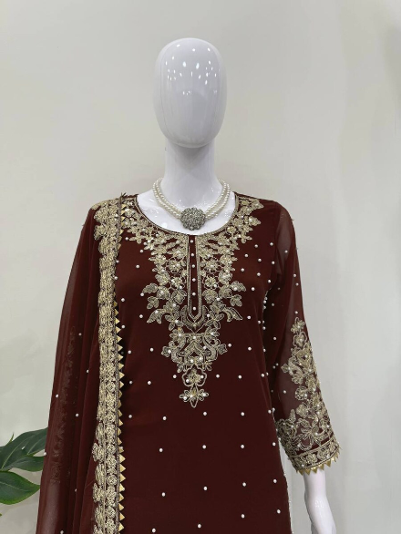 DESIGNER GEORGETTE CODING AND SEQUENCE WITH RIVET MOTI WORK TOP PALAZZO WITH DUPATTA