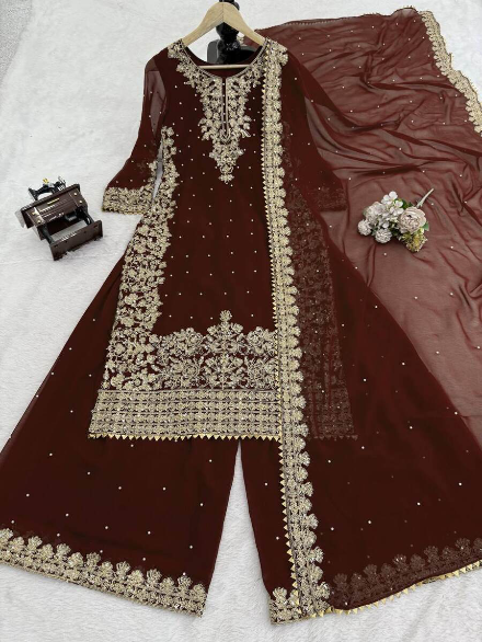 DESIGNER GEORGETTE CODING AND SEQUENCE WITH RIVET MOTI WORK TOP PALAZZO WITH DUPATTA